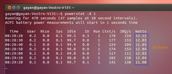 Power consumption before installing 'TLP' - Ubuntu 12.04
