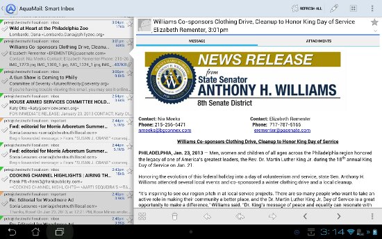 The main in-folder view of Aqua Mail, a mail client for Android.