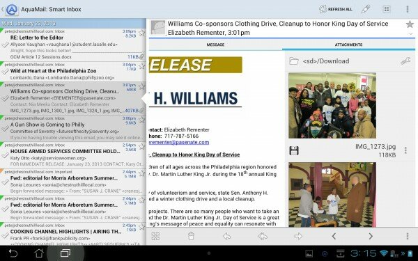The attachment tab opens a pane at the right from which you can save or preview all attachments with a message.