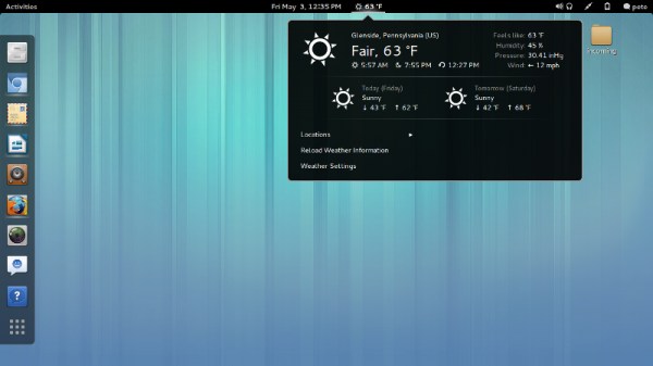 The GNOME Shell 3.8 desktop with Faience icons and the weather extension. Ubuntu GNOME gives you a very close to stock GNOME experience with Ubuntu's base. 