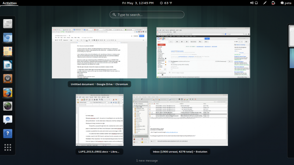 GNOME's Activities Overview gives you a look at open windows and access to workspaces and search.