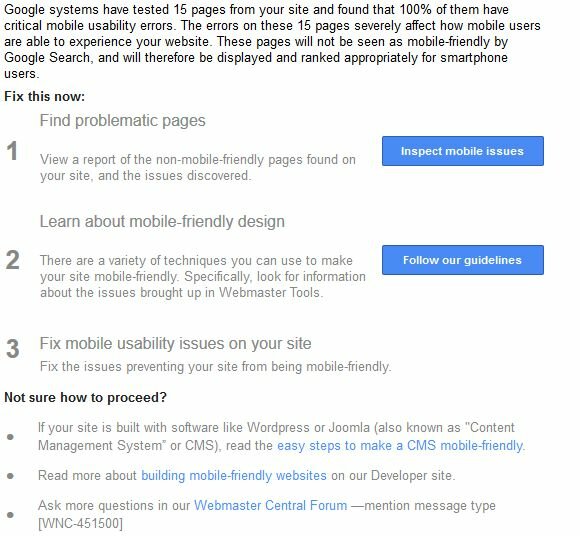 Mobile Support Message Webmaster Tools